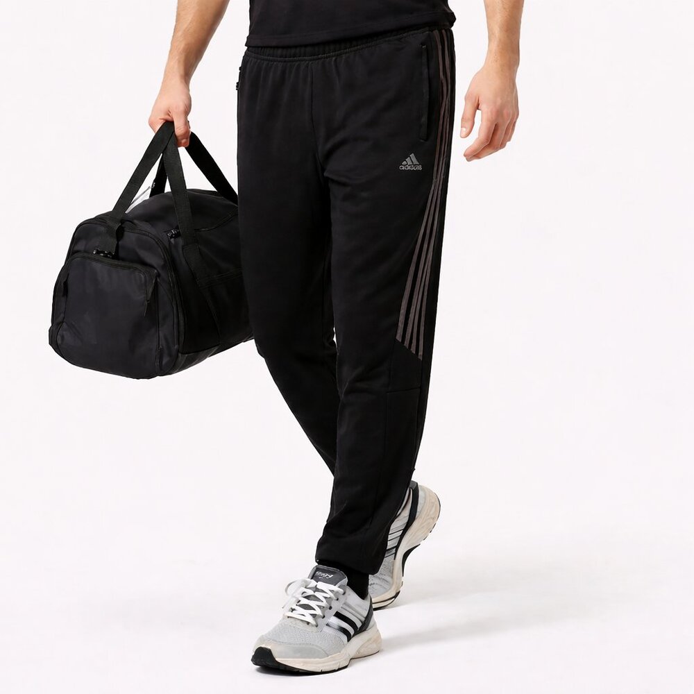 Adidas Mens XL Black Athletic Pants – Drawstring Waist, Zip Pockets, Ankle Zips